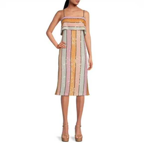 Gianni Bini Halston Multi-Colored Striped Print Sequin Midi Dress - Picture 2 of 10